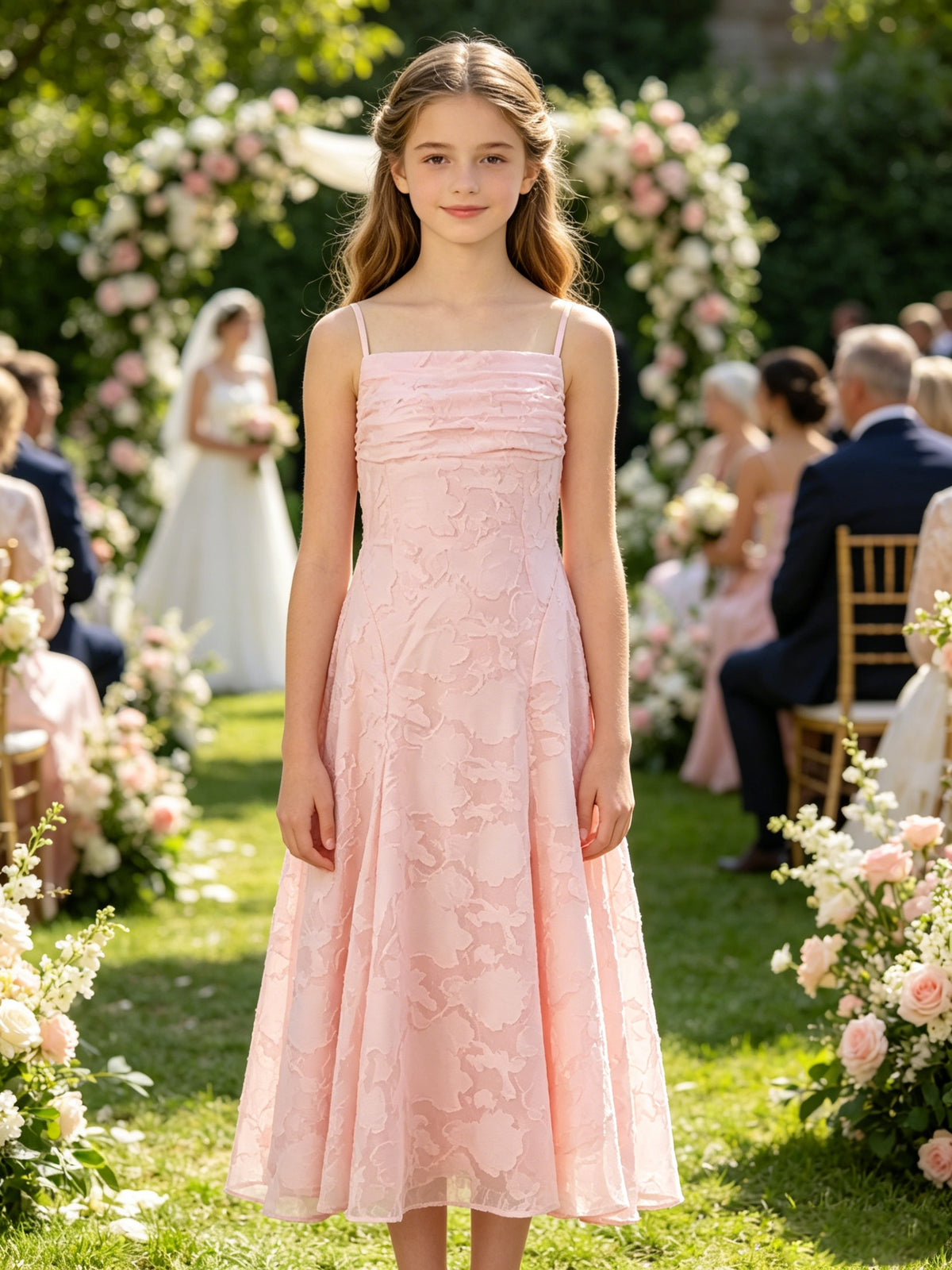 Elegant Pink Floral Jacquard A-Line Flower Girl Dress with Spaghetti Straps