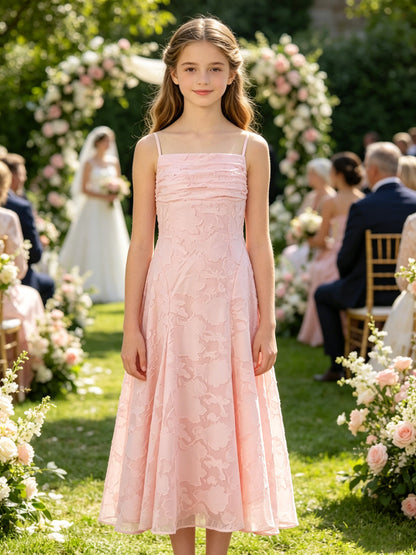 Elegant Pink Floral Jacquard A-Line Flower Girl Dress with Spaghetti Straps