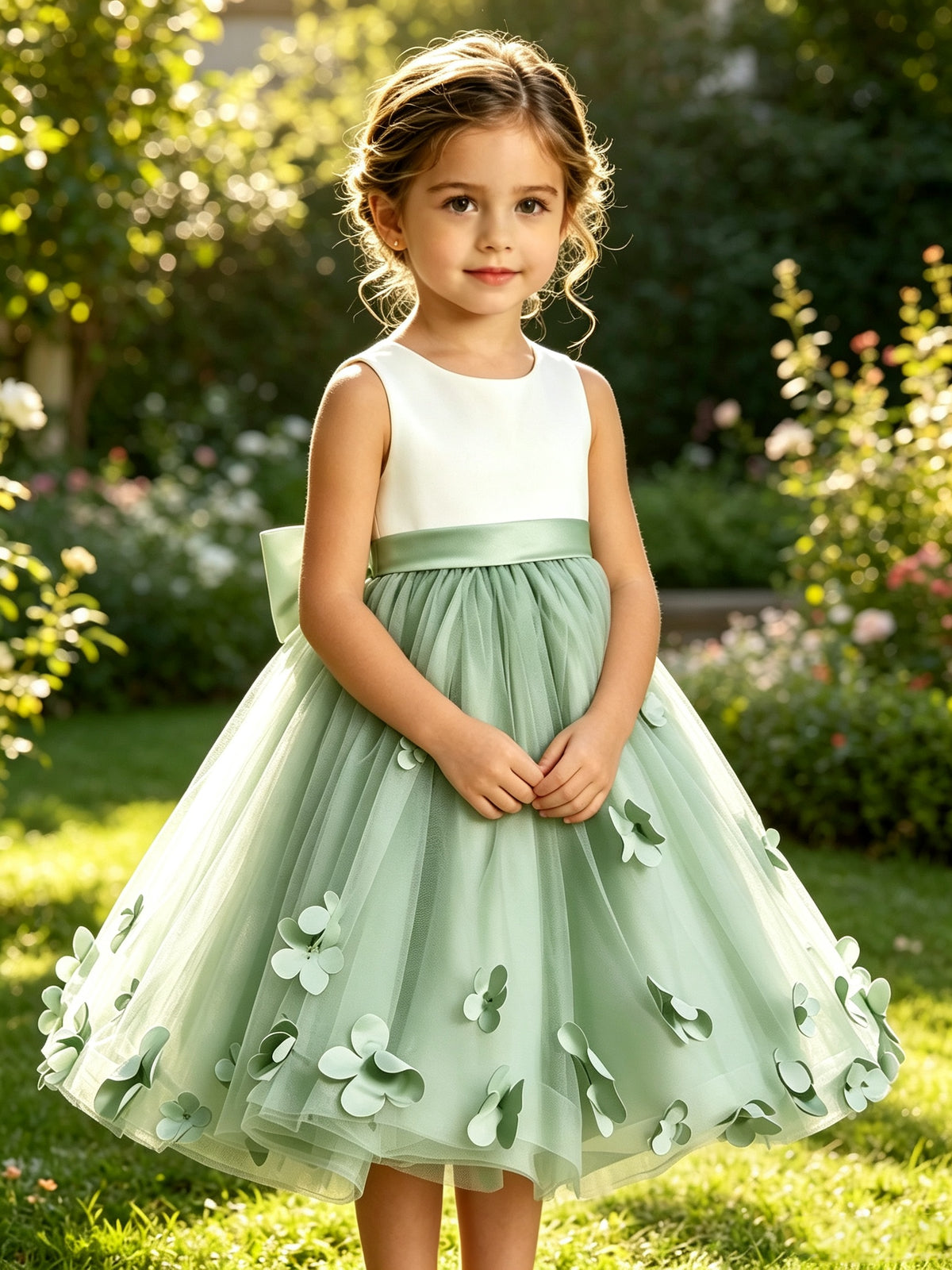 Sage Green Tulle A-Line Flower Girl Dress with Floral Appliques & Big Back Bow