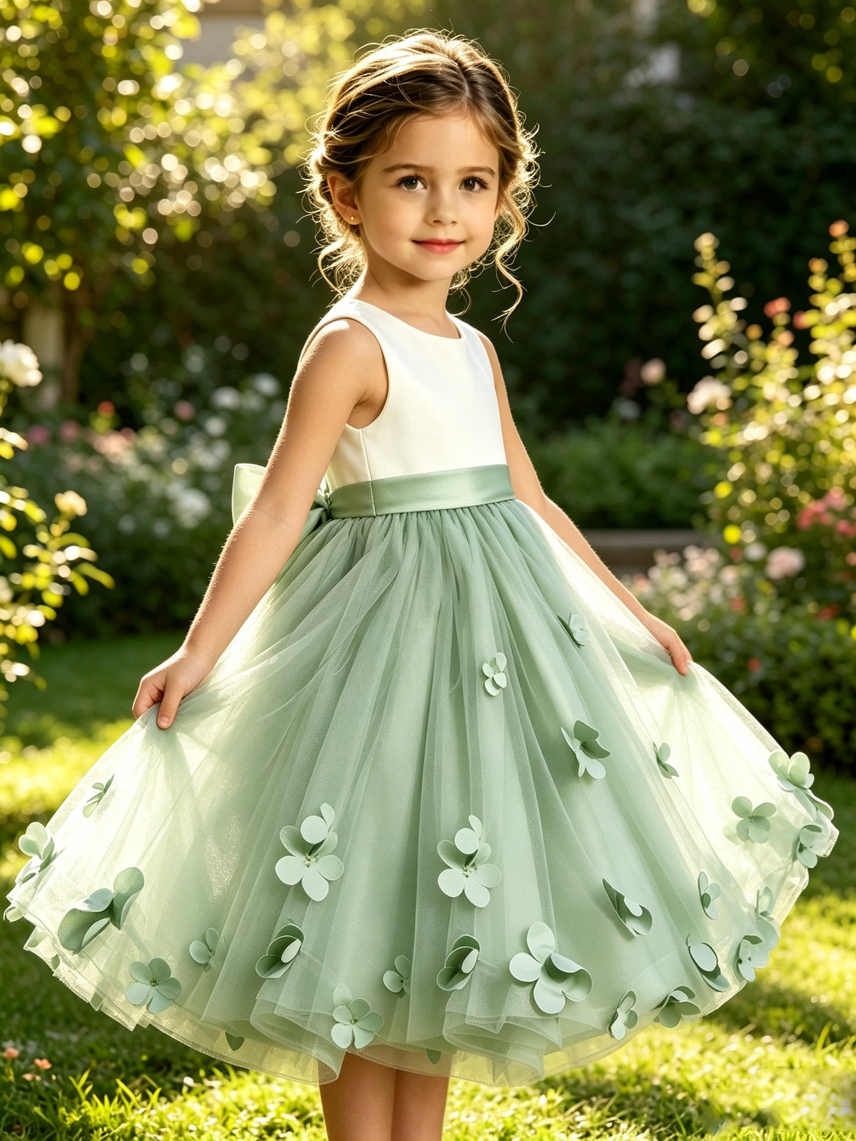 Sage Green Tulle A-Line Flower Girl Dress with Floral Appliques & Big Back Bow
