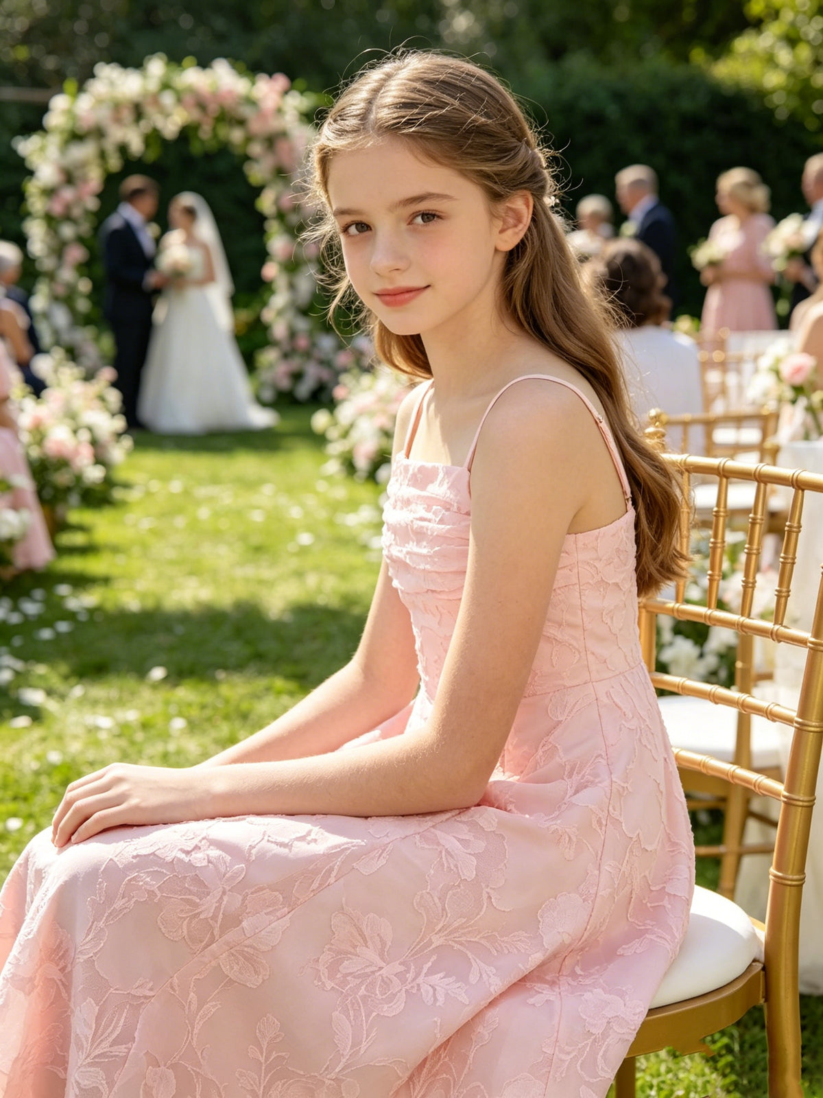 Elegant Pink Floral Jacquard A-Line Flower Girl Dress with Spaghetti Straps
