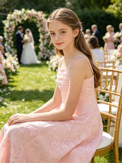 Elegant Pink Floral Jacquard A-Line Flower Girl Dress with Spaghetti Straps