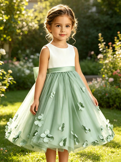 Sage Green Tulle A-Line Flower Girl Dress with Floral Appliques & Big Back Bow