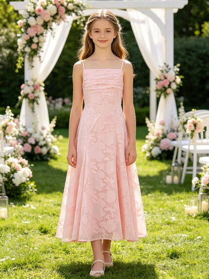 Elegant Pink Floral Jacquard A-Line Flower Girl Dress with Spaghetti Straps