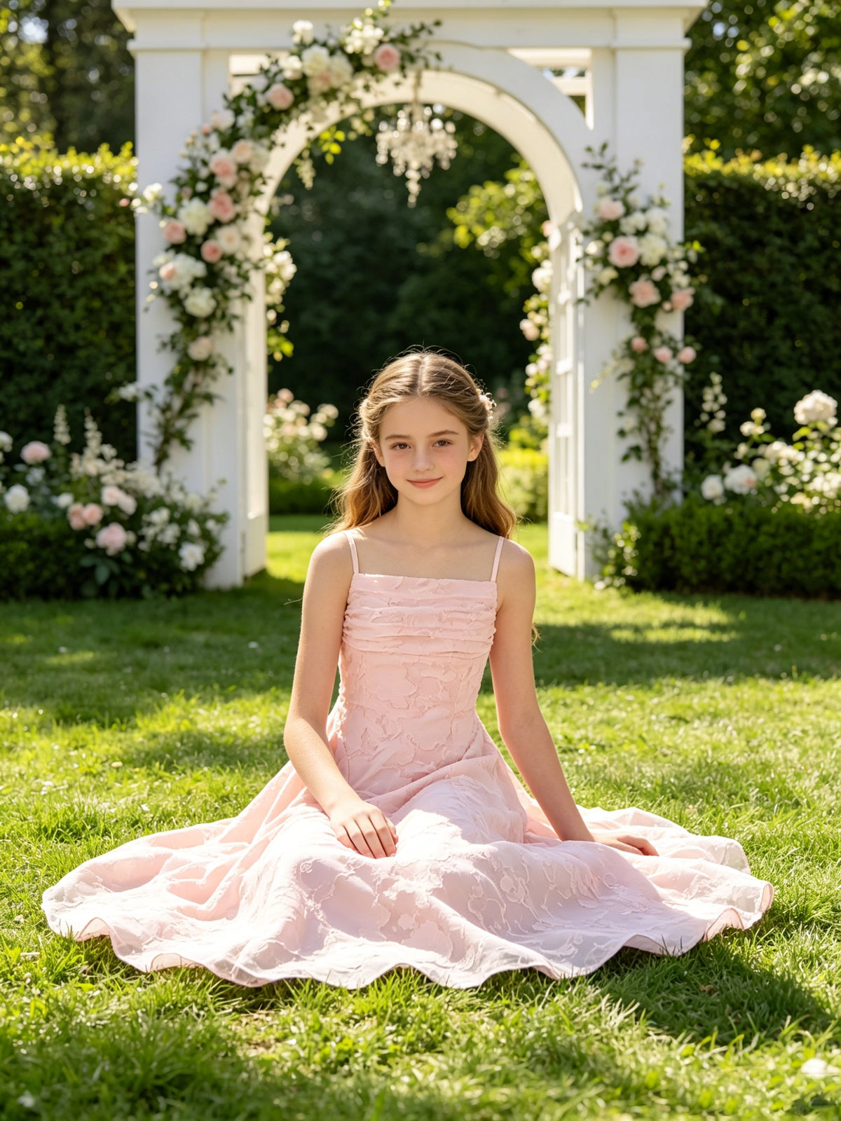 Elegant Pink Floral Jacquard A-Line Flower Girl Dress with Spaghetti Straps