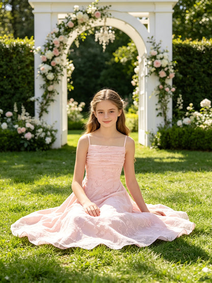 Elegant Pink Floral Jacquard A-Line Flower Girl Dress with Spaghetti Straps