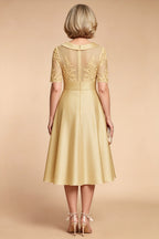 Champagne Imitation Stretch Satin Elbow Sleeve Tea-Length Mother Dresses