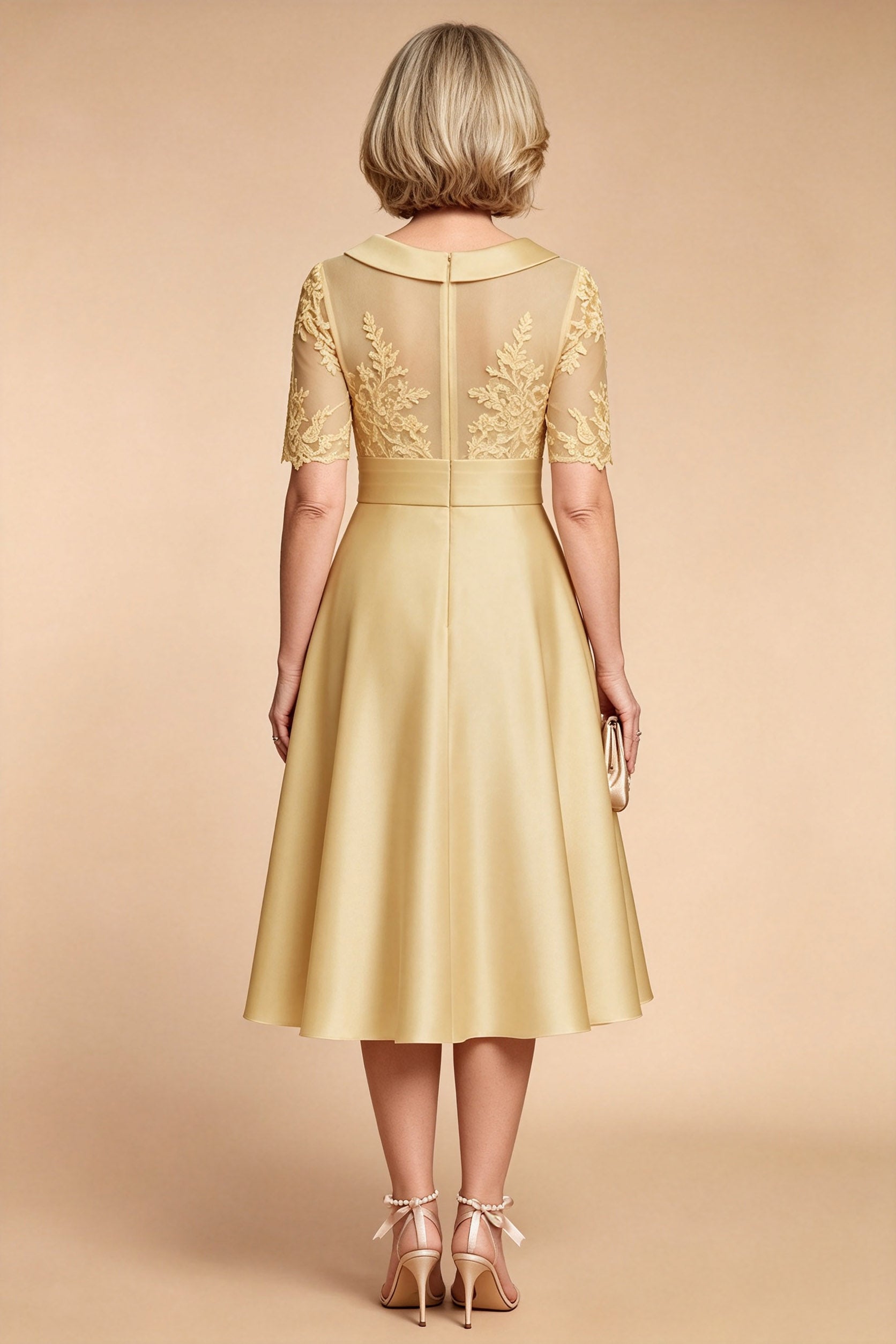 Champagne Imitation Stretch Satin Elbow Sleeve Tea-Length Mother Dresses