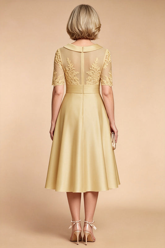 Champagne Imitation Stretch Satin Elbow Sleeve Tea-Length Mother Dresses