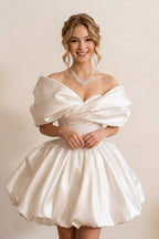 Ivory Off-the-Shoulder Bubble Hem Satin Homecoming Dresses