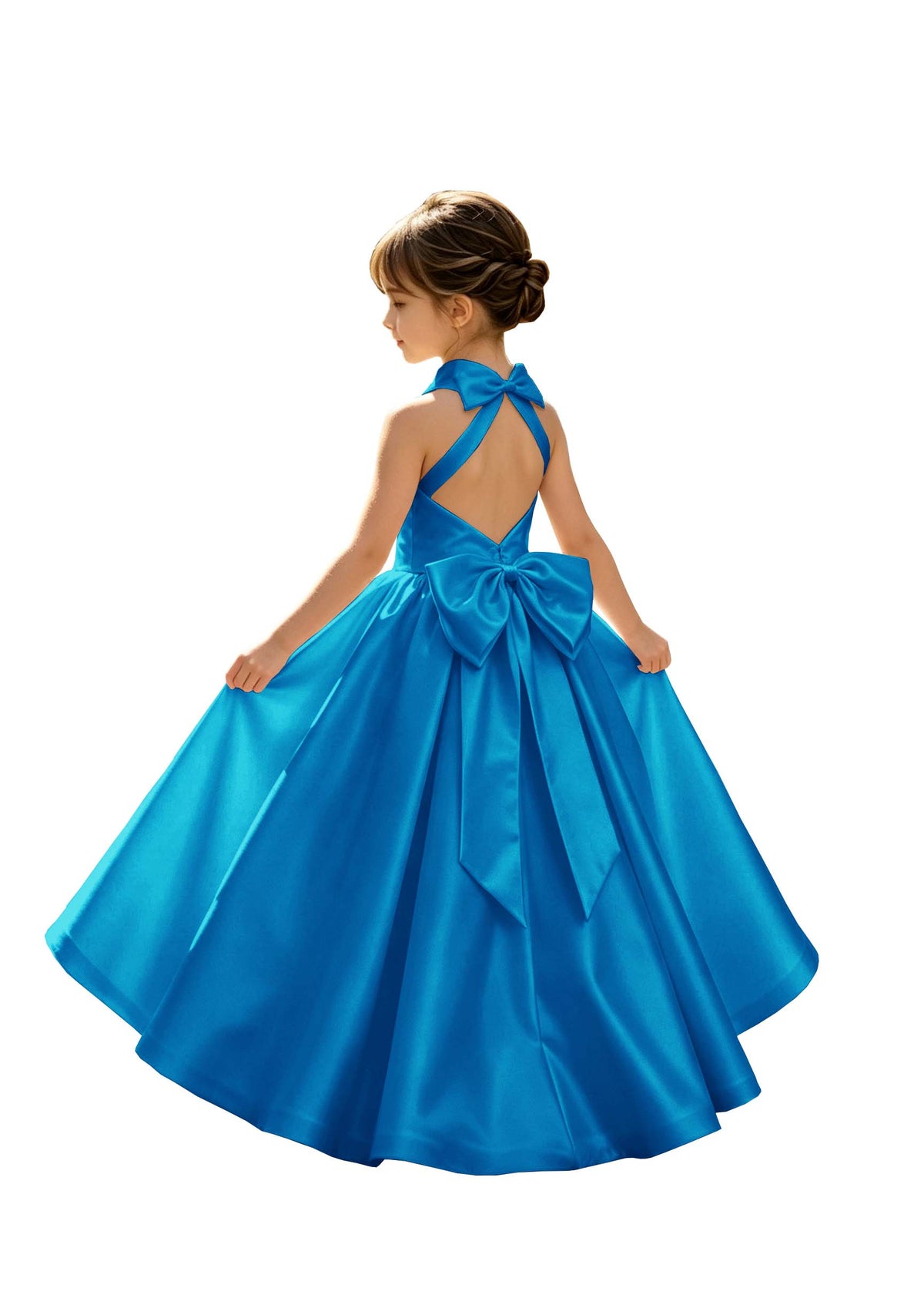 A-Line Halter High Neck Satin Flower Girl Dress with Big Back Bow