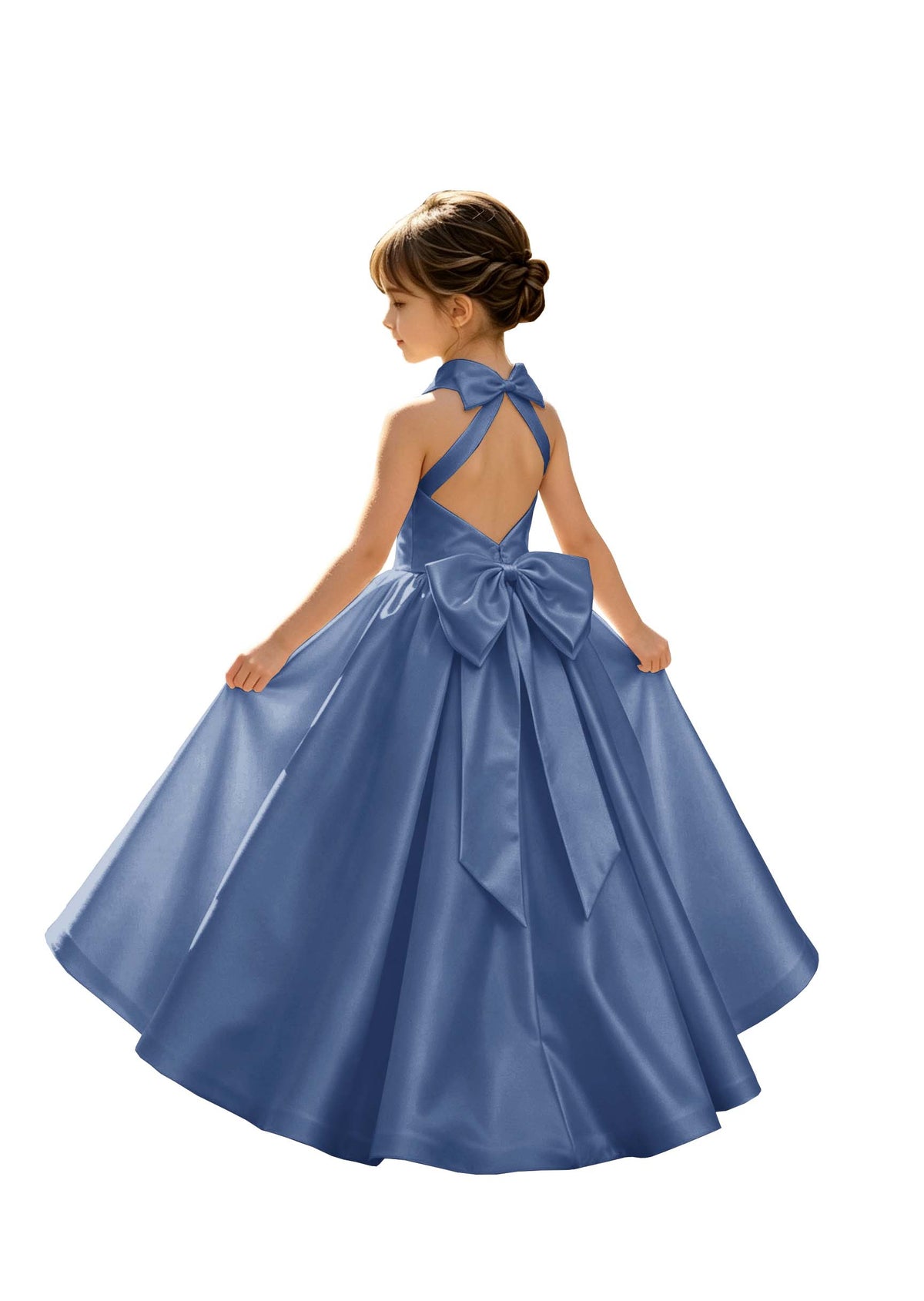 A-Line Halter High Neck Satin Flower Girl Dress with Big Back Bow
