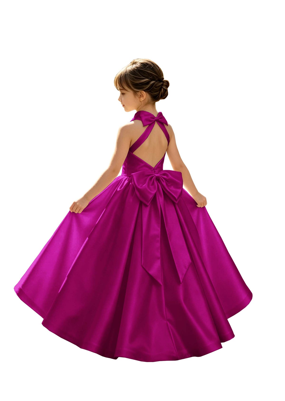 A-Line Halter High Neck Satin Flower Girl Dress with Big Back Bow
