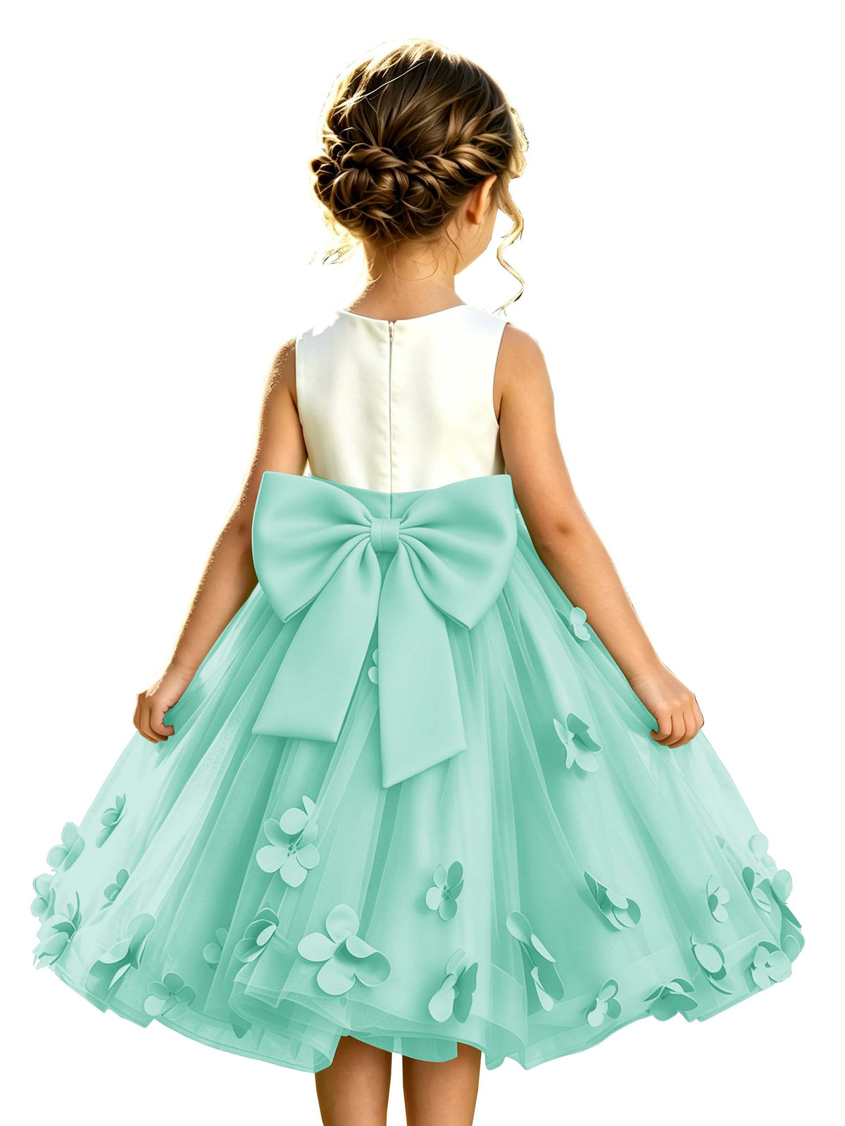 Sage Green Tulle A-Line Flower Girl Dress with Floral Appliques & Big Back Bow