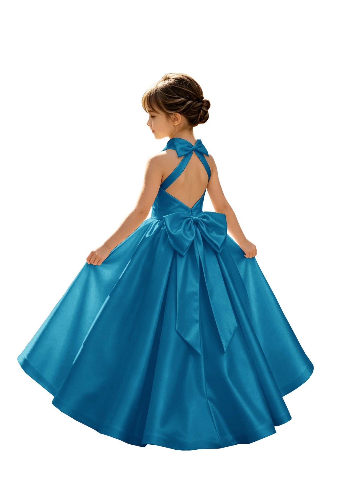 A-Line Halter High Neck Satin Flower Girl Dress with Big Back Bow