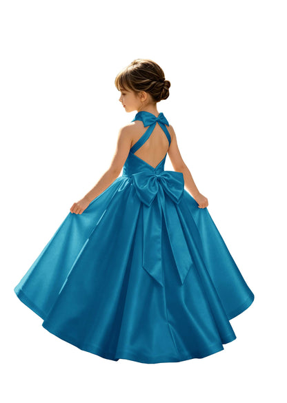 A-Line Halter High Neck Satin Flower Girl Dress with Big Back Bow