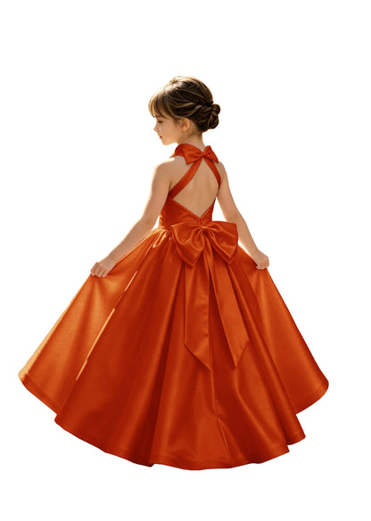 A-Line Halter High Neck Satin Flower Girl Dress with Big Back Bow
