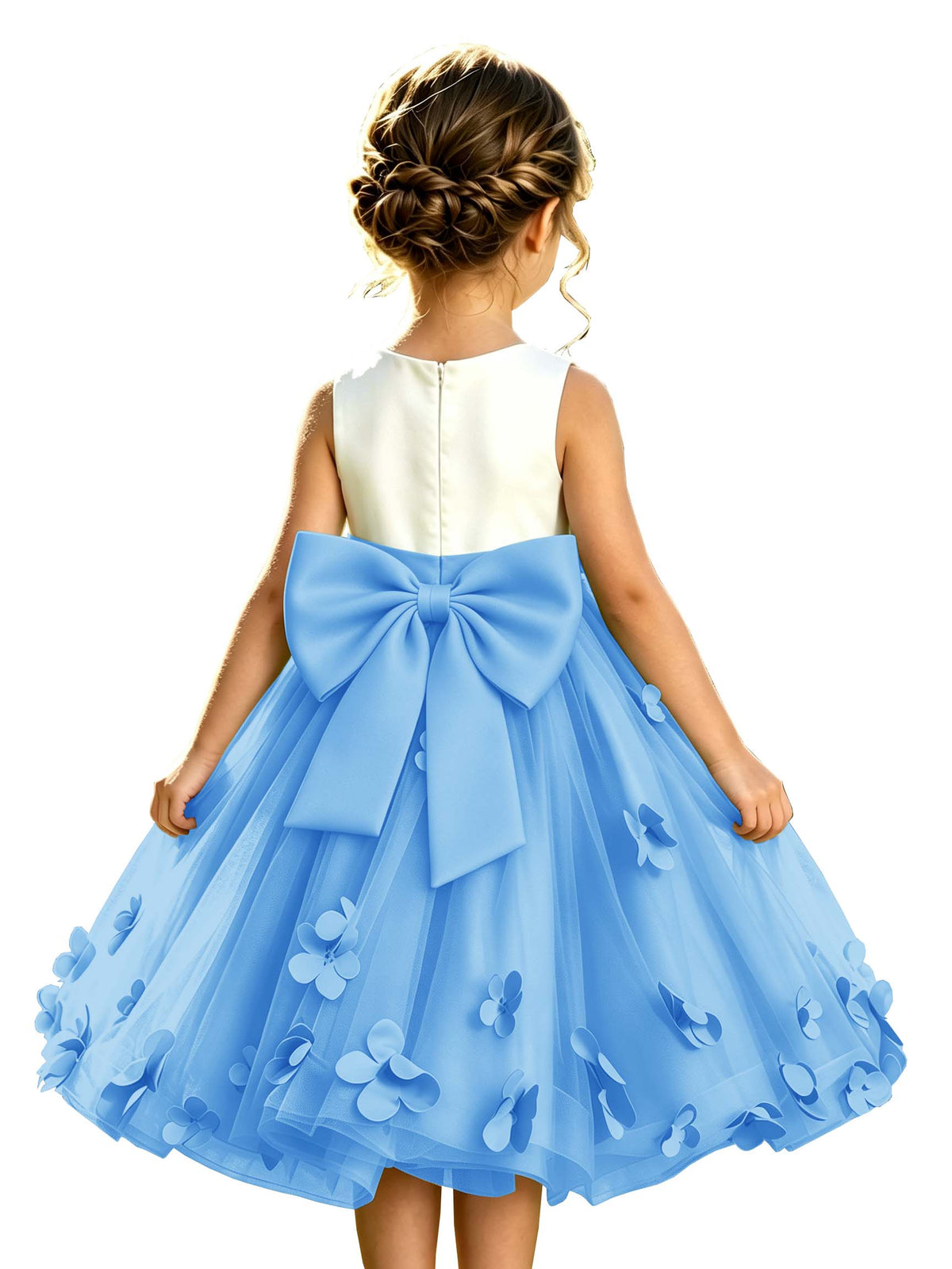 Sage Green Tulle A-Line Flower Girl Dress with Floral Appliques & Big Back Bow