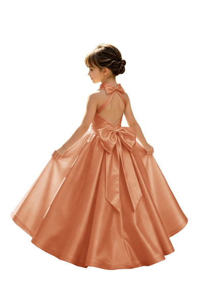 A-Line Halter High Neck Satin Flower Girl Dress with Big Back Bow