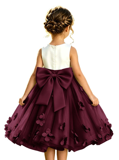 Sage Green Tulle A-Line Flower Girl Dress with Floral Appliques & Big Back Bow