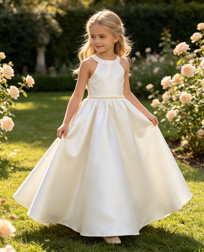Elegant Halter Neck Satin A-Line Flower Girl Dress with Pearl Waistband and Back Bow