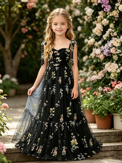 Black Floral Embroidery Tulle Flower Girl Dress with Tie Straps