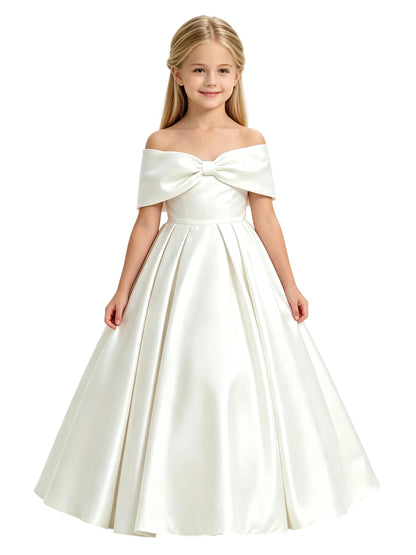 Off-the-Shoulder Satin Ball Gown Flower Girl Dress with Big Back Bow
