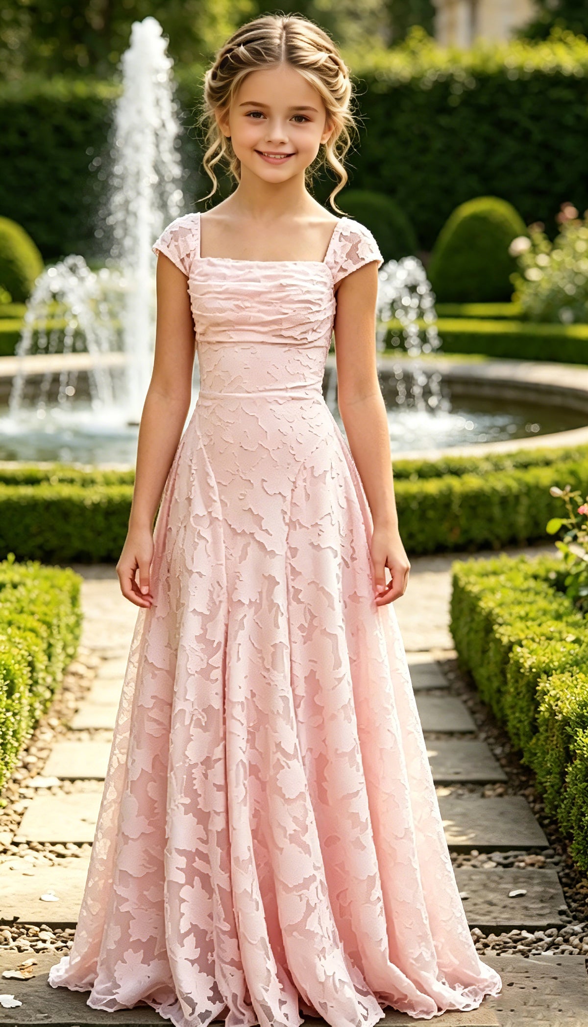 Elegance Blush Pink Lace Cap Sleeve A-Line Flower Girl Dress with Lace-Up Back