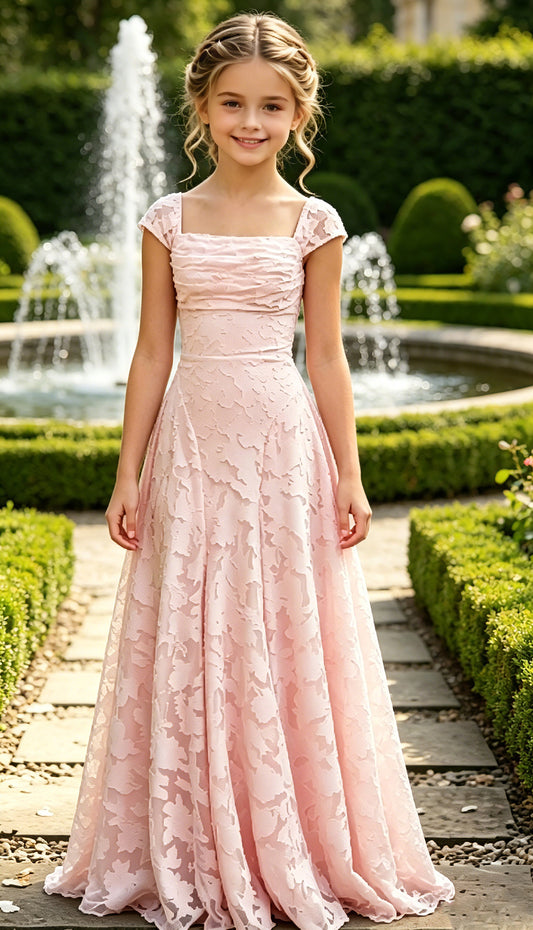 Elegance Blush Pink Lace Cap Sleeve A-Line Flower Girl Dress with Lace-Up Back