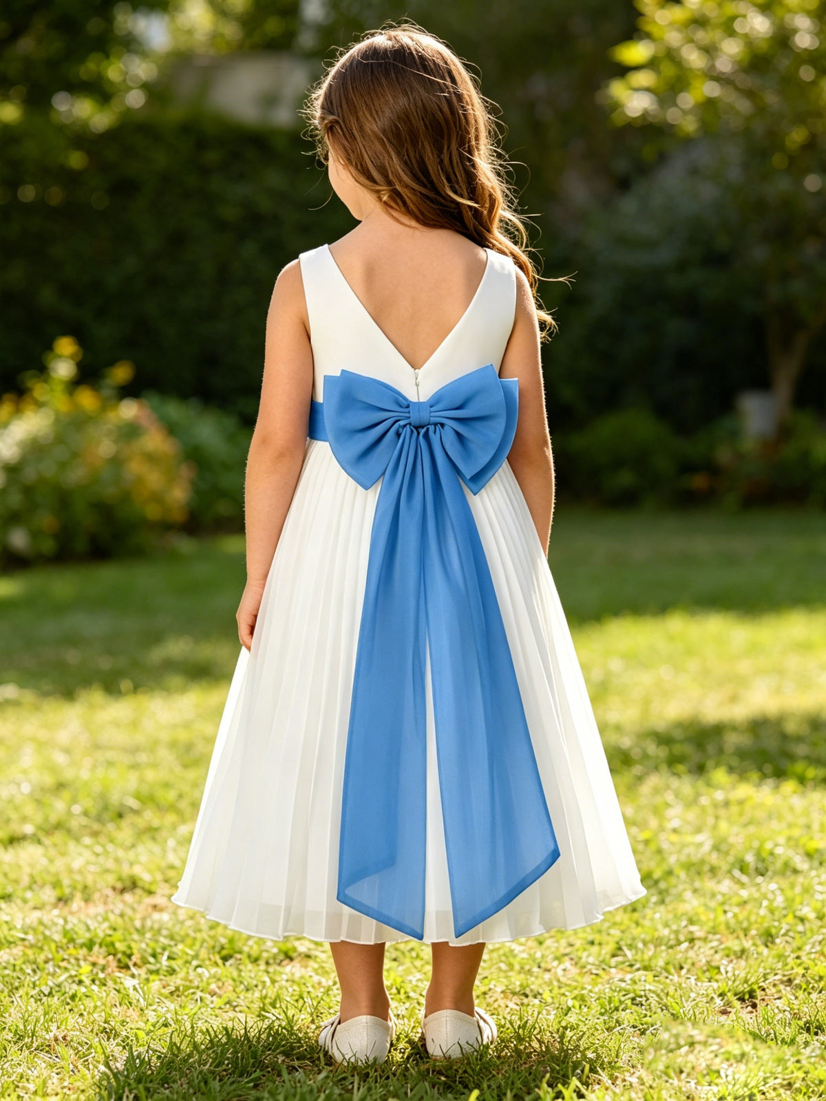 Elegant A-Line Pleated Chiffon Flower Girl Dress with Big Bow Sash