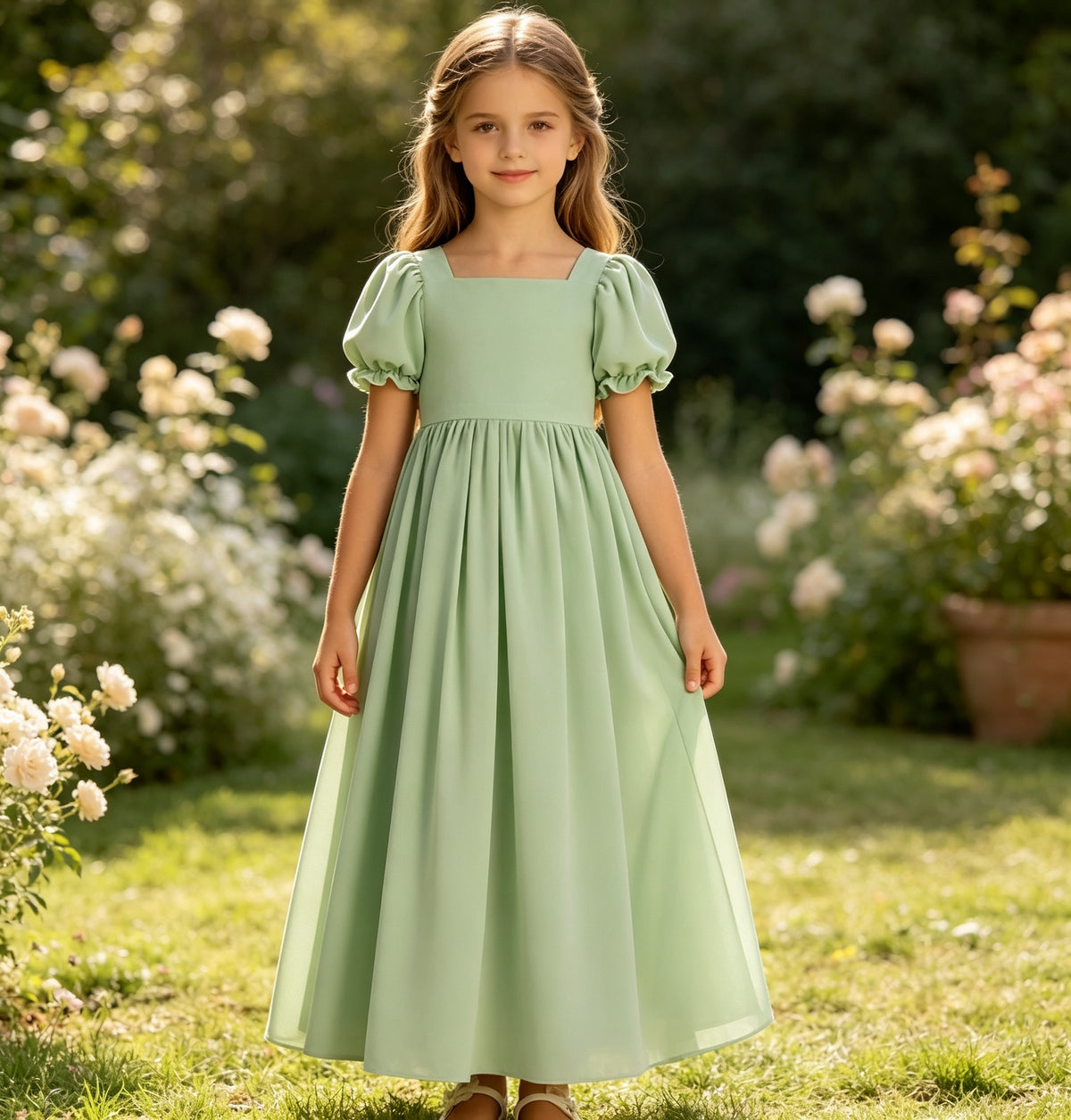 Sage Green Square Neck Puff Sleeve Chiffon Flower Girl Dress with Back Bow