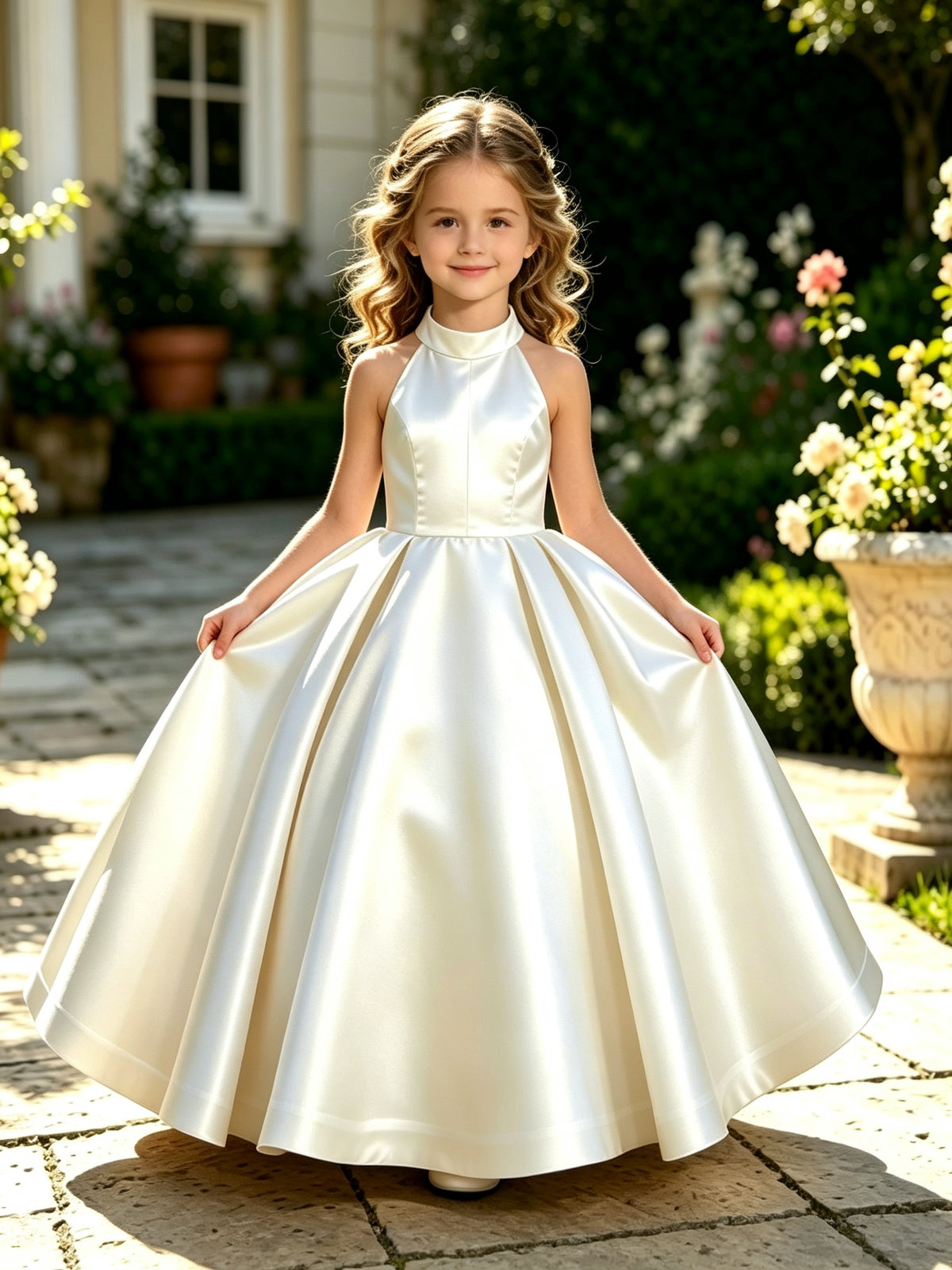 A-Line Halter High Neck Satin Flower Girl Dress with Big Back Bow