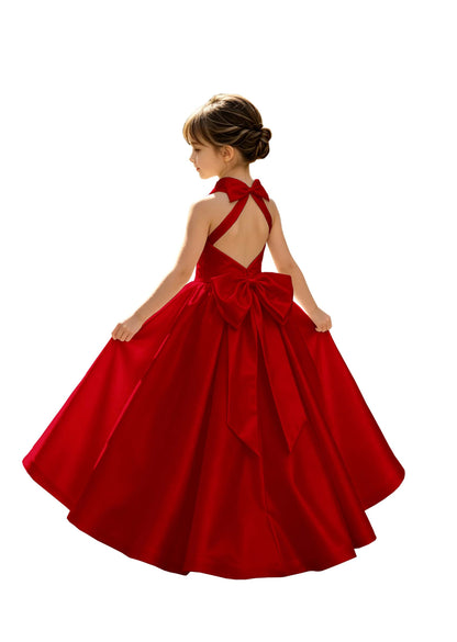 A-Line Halter High Neck Satin Flower Girl Dress with Big Back Bow