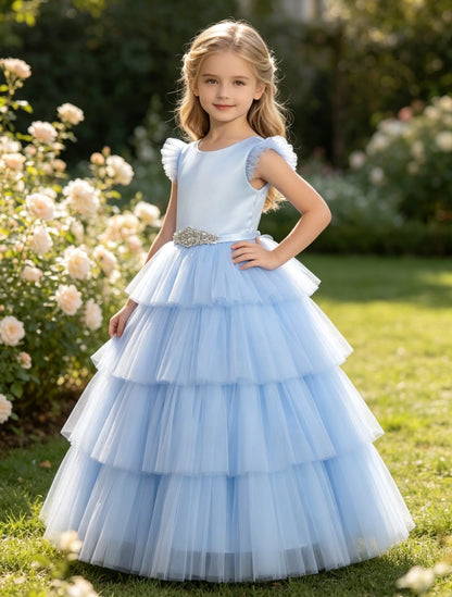 Sky Blue Tiered Tulle Flower Girl Dress with Rhinestone Belt & V-Back