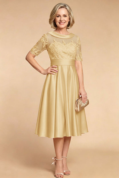 Champagne Imitation Stretch Satin Elbow Sleeve Tea-Length Mother Dresses