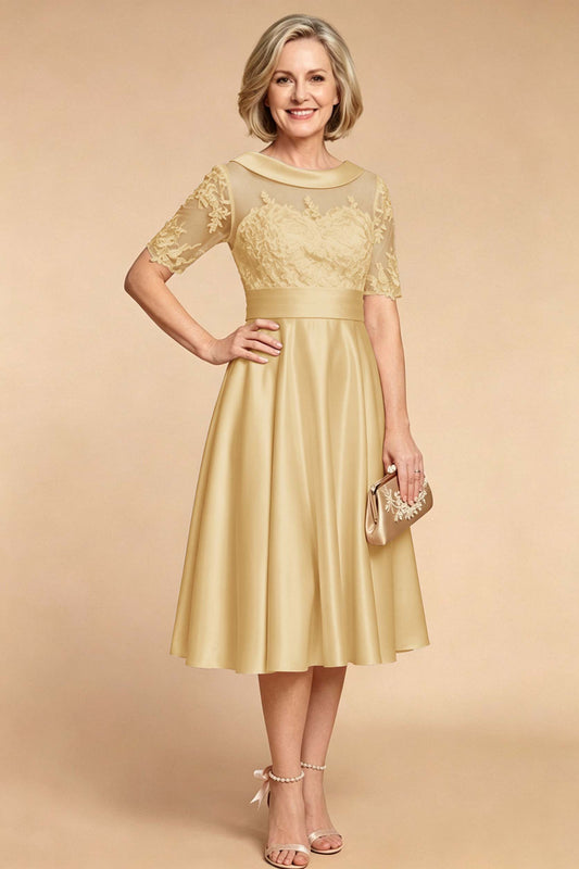 Champagne Imitation Stretch Satin Elbow Sleeve Tea-Length Mother Dresses