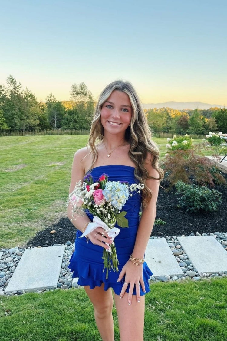 Strapless Royal Blue Ruched Tiered Short Homecoming Dresses