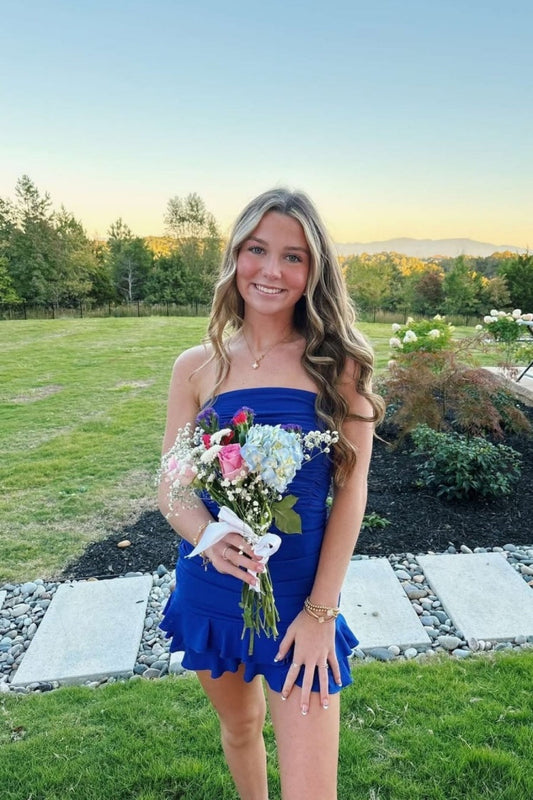 Strapless Royal Blue Ruched Tiered Short Homecoming Dresses