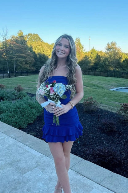 Strapless Royal Blue Ruched Tiered Short Homecoming Dresses