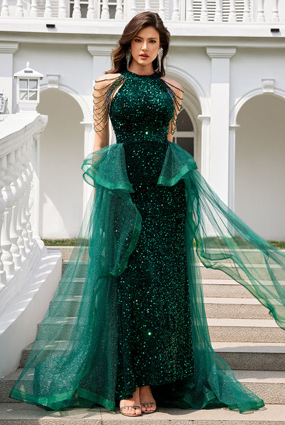 Emerald Green Velvet Sequin Mermaid Prom Dresses with Tulle Train