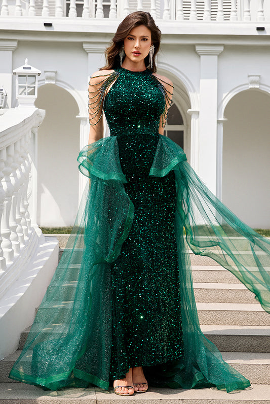 Emerald Green Velvet Sequin Mermaid Prom Dresses with Tulle Train