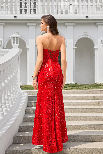 Red Velvet Sequin Mermaid Prom Dresses with Strapless Slit