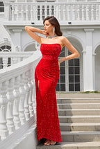 Red Velvet Sequin Mermaid Prom Dresses with Strapless Slit