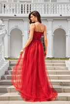 Spaghetti Straps Red Appliques Beaded Tulle A-Line Prom Dresses