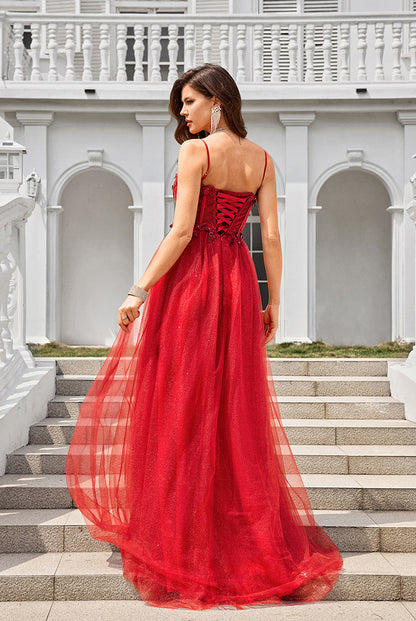 Spaghetti Straps Red Appliques Beaded Tulle A-Line Prom Dresses