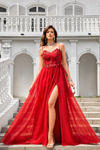 Spaghetti Straps Red Appliques Beaded Tulle A-Line Prom Dresses