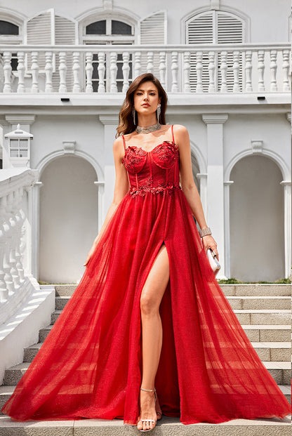 Spaghetti Straps Red Appliques Beaded Tulle A-Line Prom Dresses