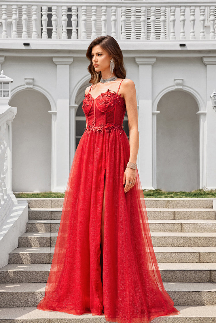 Spaghetti Straps Red Appliques Beaded Tulle A-Line Prom Dresses