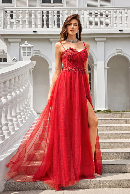 Spaghetti Straps Red Appliques Beaded Tulle A-Line Prom Dresses