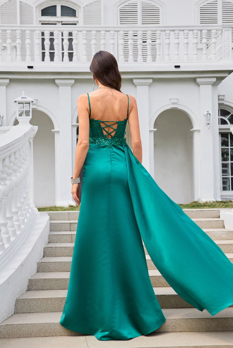 Emerald Green Satin Mermaid Prom Dresses with Sequin Applique